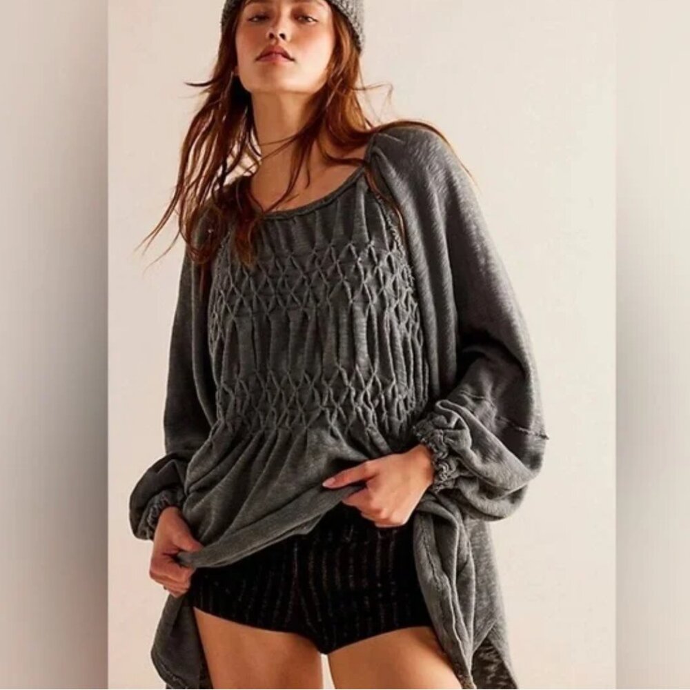 Free People We The Free Snowbell Babydoll Top, NWOT, XS/S, Steel Sea